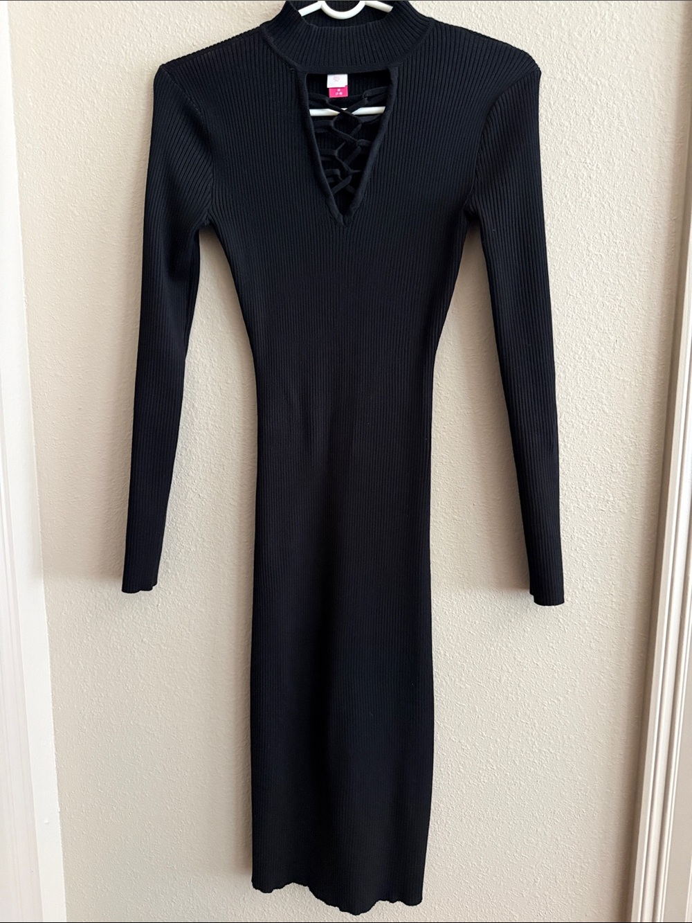No Boundaries Black Ribbed Long-Sleeve Lace-Up Midi Dress